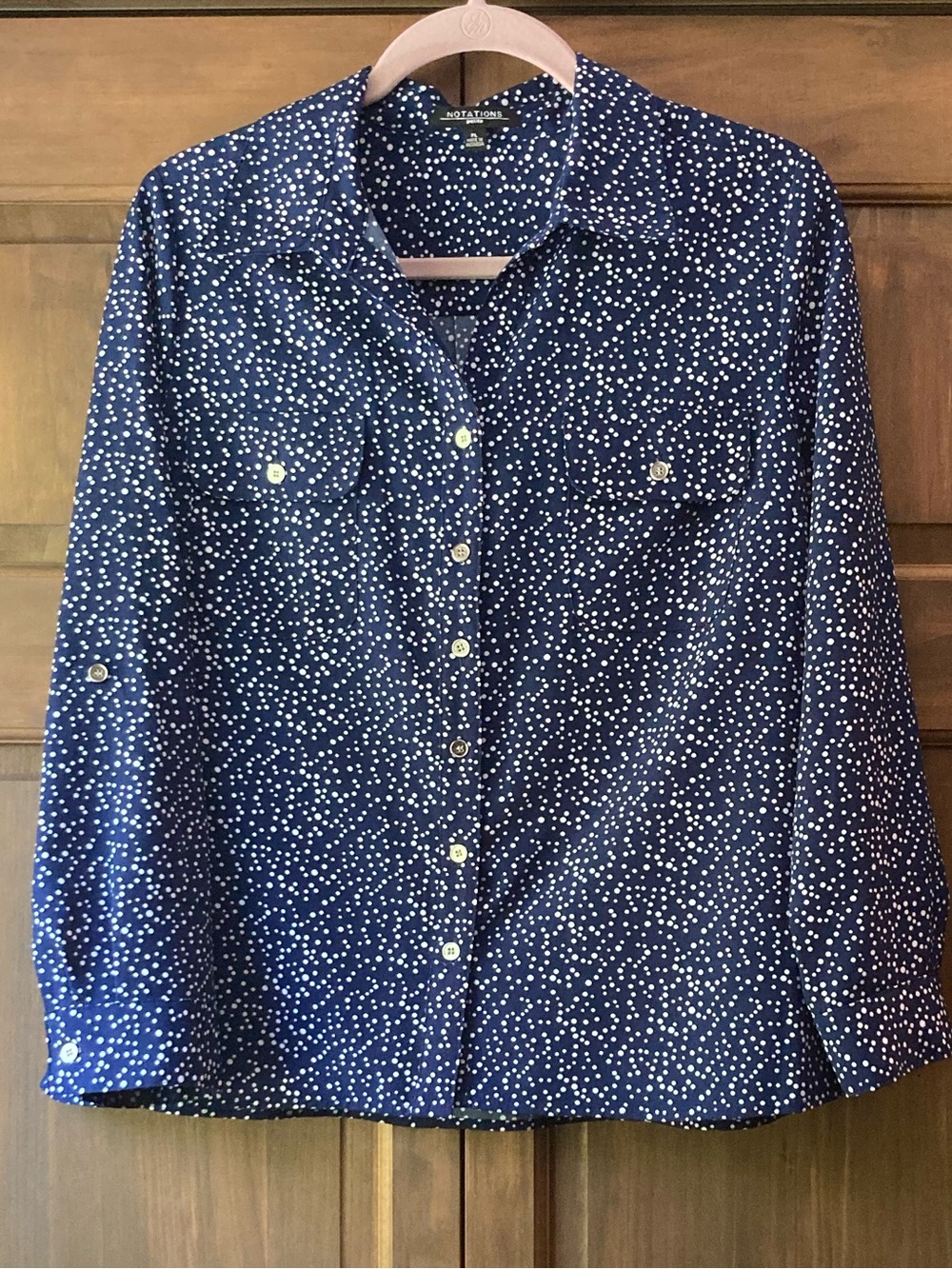 Notations Petite Dark Blue & White Speckled Button-up Top PL